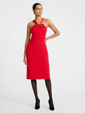 NWT - Express Rosette Bow Halter Neck Red Stretch Fully Lined Midi Dress-Size XL